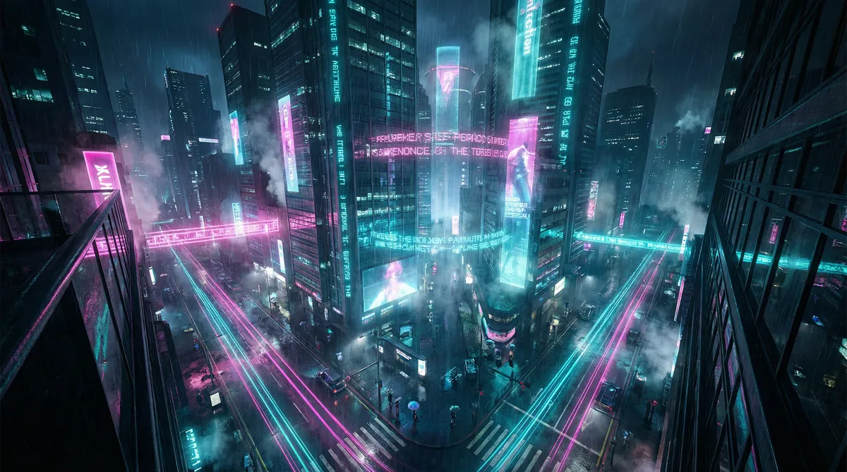 快播四房 竖屏短剧平台首页背景 - 赛博朋克都市夜景
